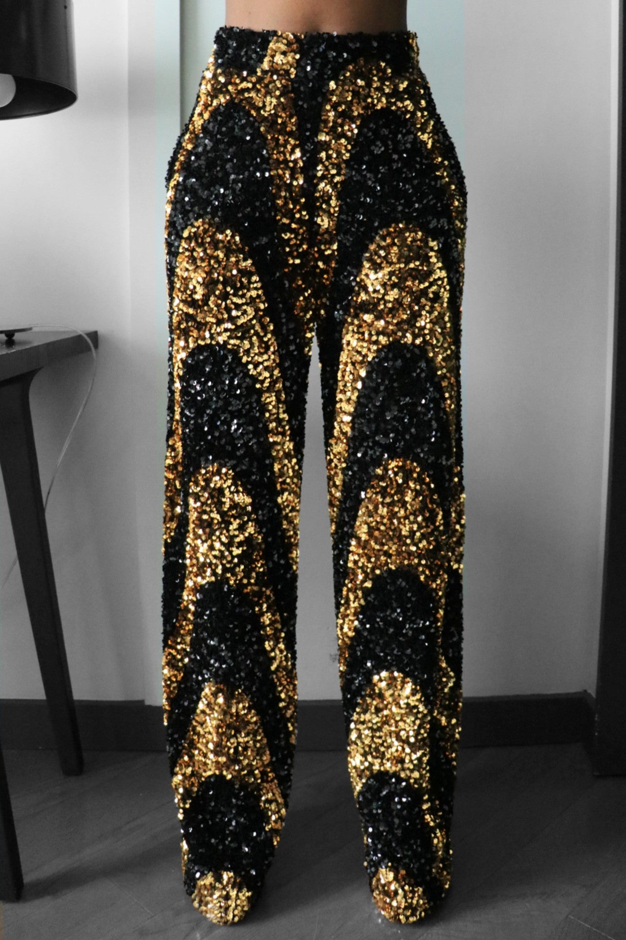 Licorice Swirl Black & Gold Sequin Wide Leg Pants