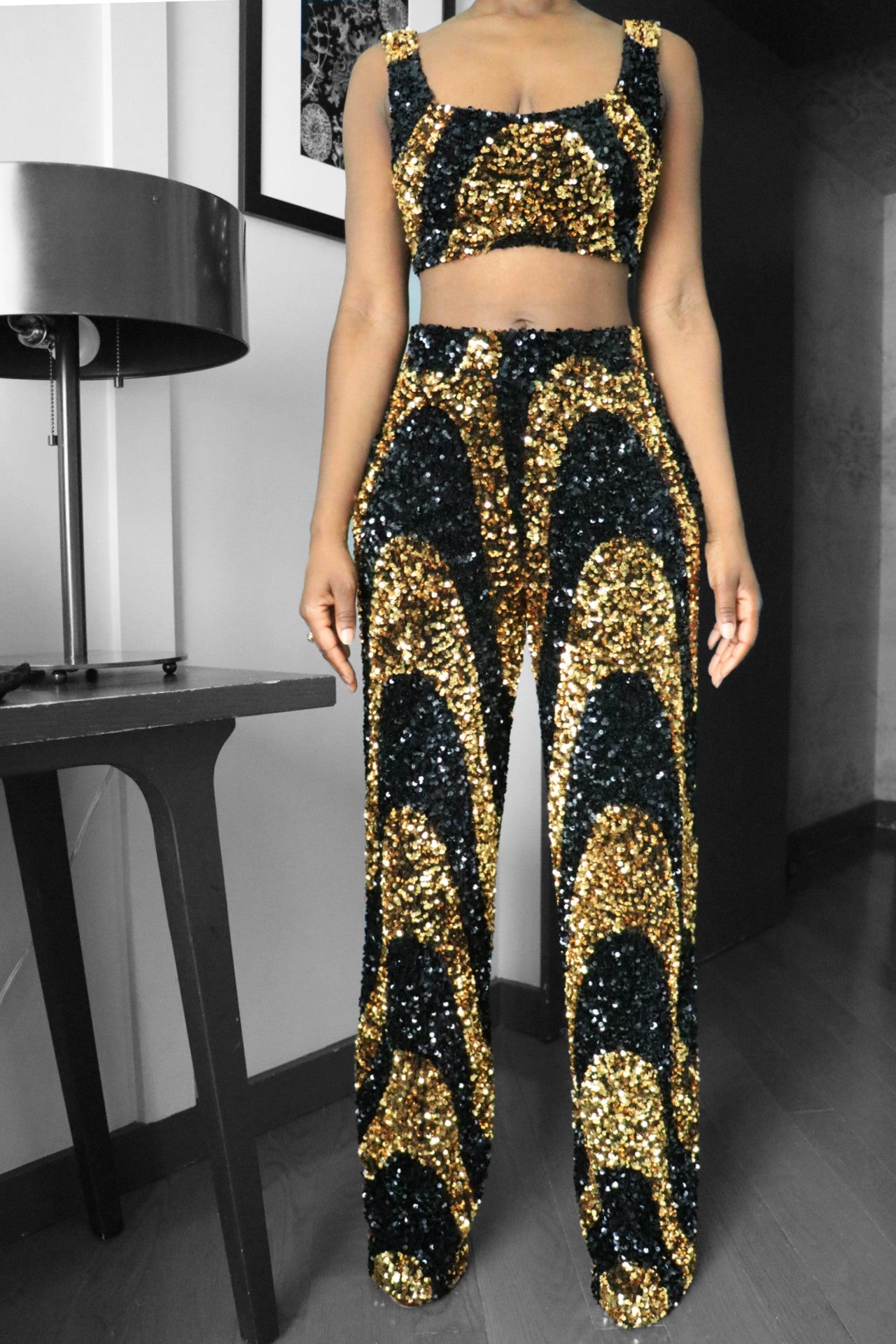 Black/Gold Swirl Sequin Crop Top