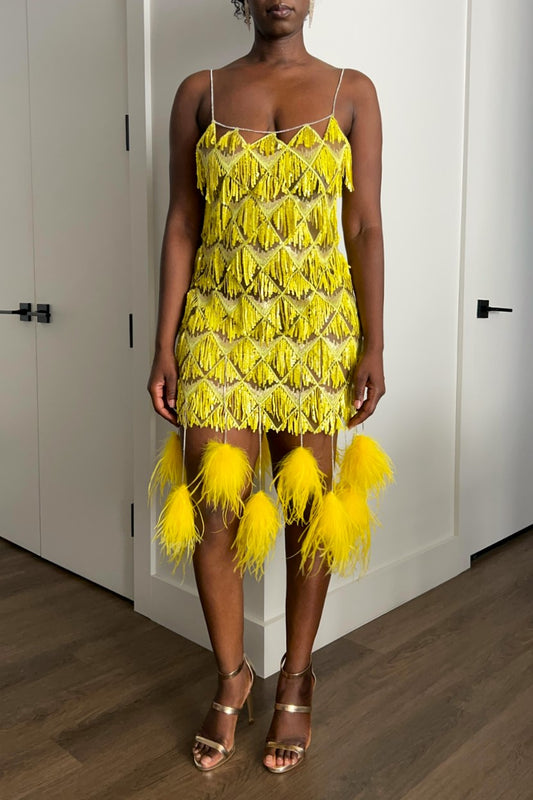 A woman modeling a bright yellow fringe sequin mini dress with feather-like tassels at the hem, paired with metallic heeled sandals, standing in an indoor room with white doors and wood flooring.