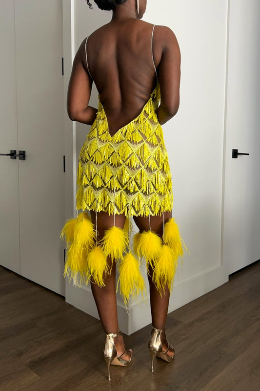 A woman shown from the back wearing a bright yellow open-back sequin mini dress with a matching feathered fringe at the hem, paired with metallic gold high heels in an indoor room with white doors and wood flooring.