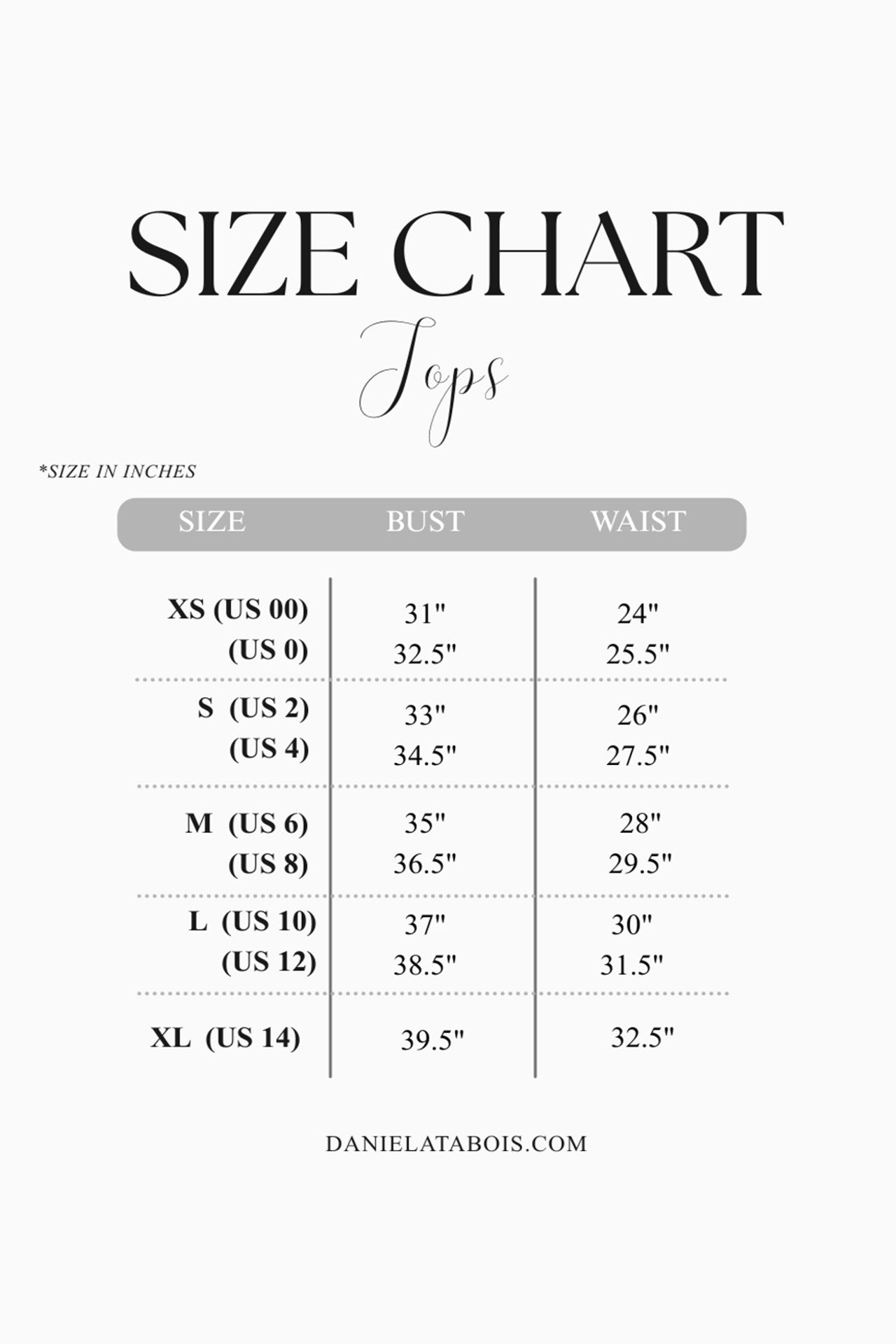Size chart for tops with measurements in inches
