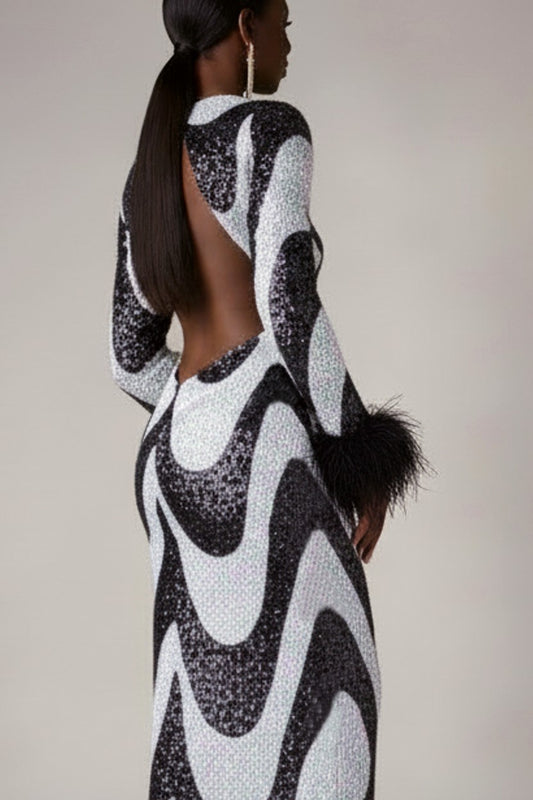 Black Swirl Sequin Feather Maxi Dress