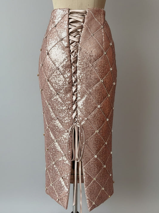 Quilted sequin rhinestone pencil midi skirt with corset lace back detail luxury handcrafted