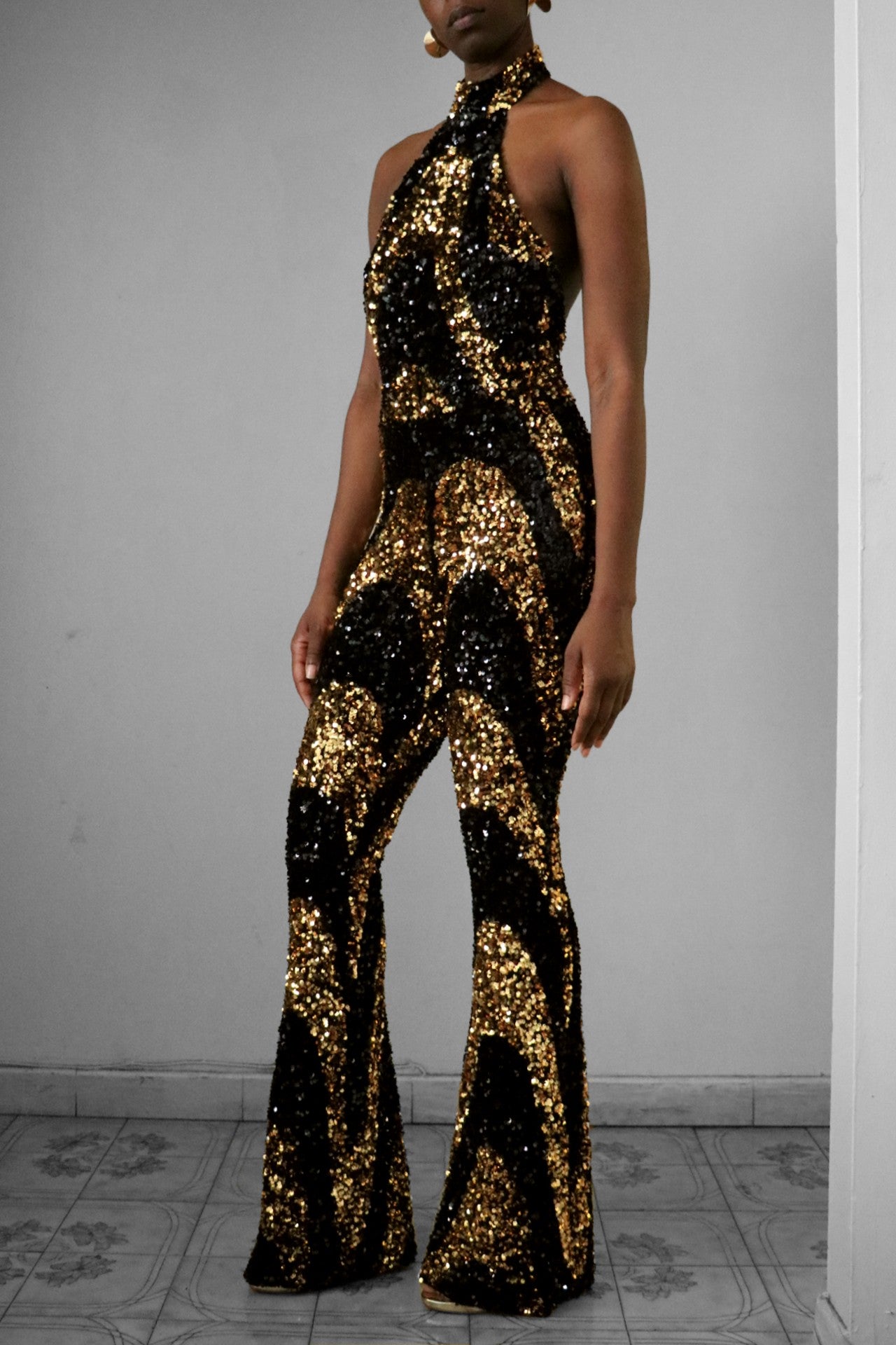 Licorice Swirl Black & Gold Sequin Halter Jumpsuit