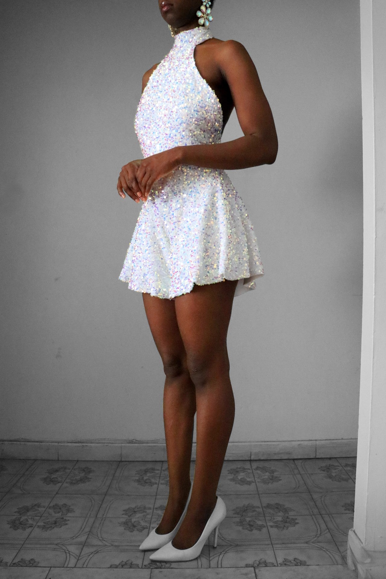 Unicorn White Halter Backless Sequin Romper