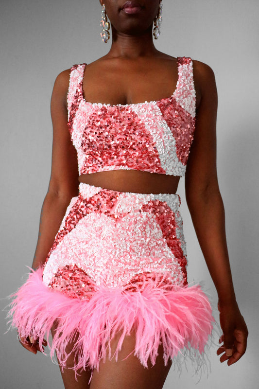 Pink And White Sequin Swirl Sleeveless square neck crop top front