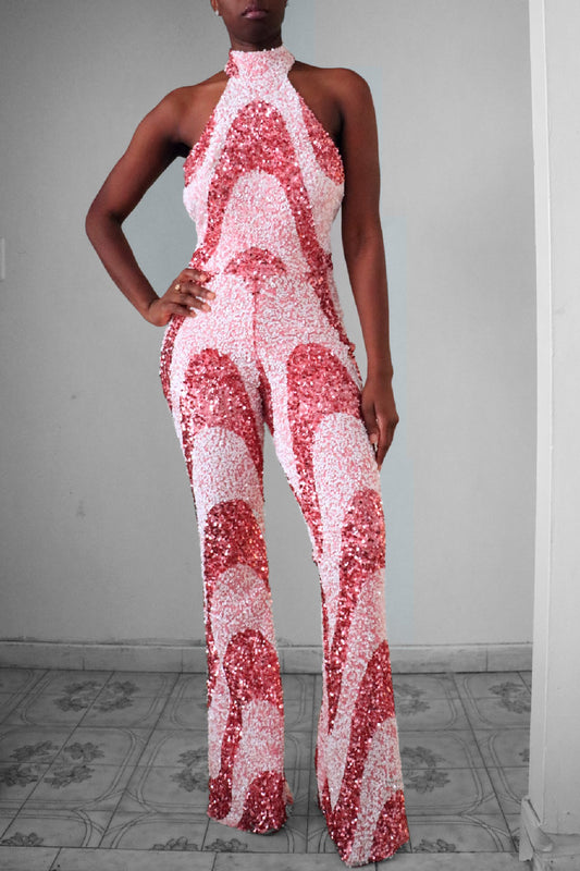 Pink And White Sequin Swirl Jumpsuit Halter Front