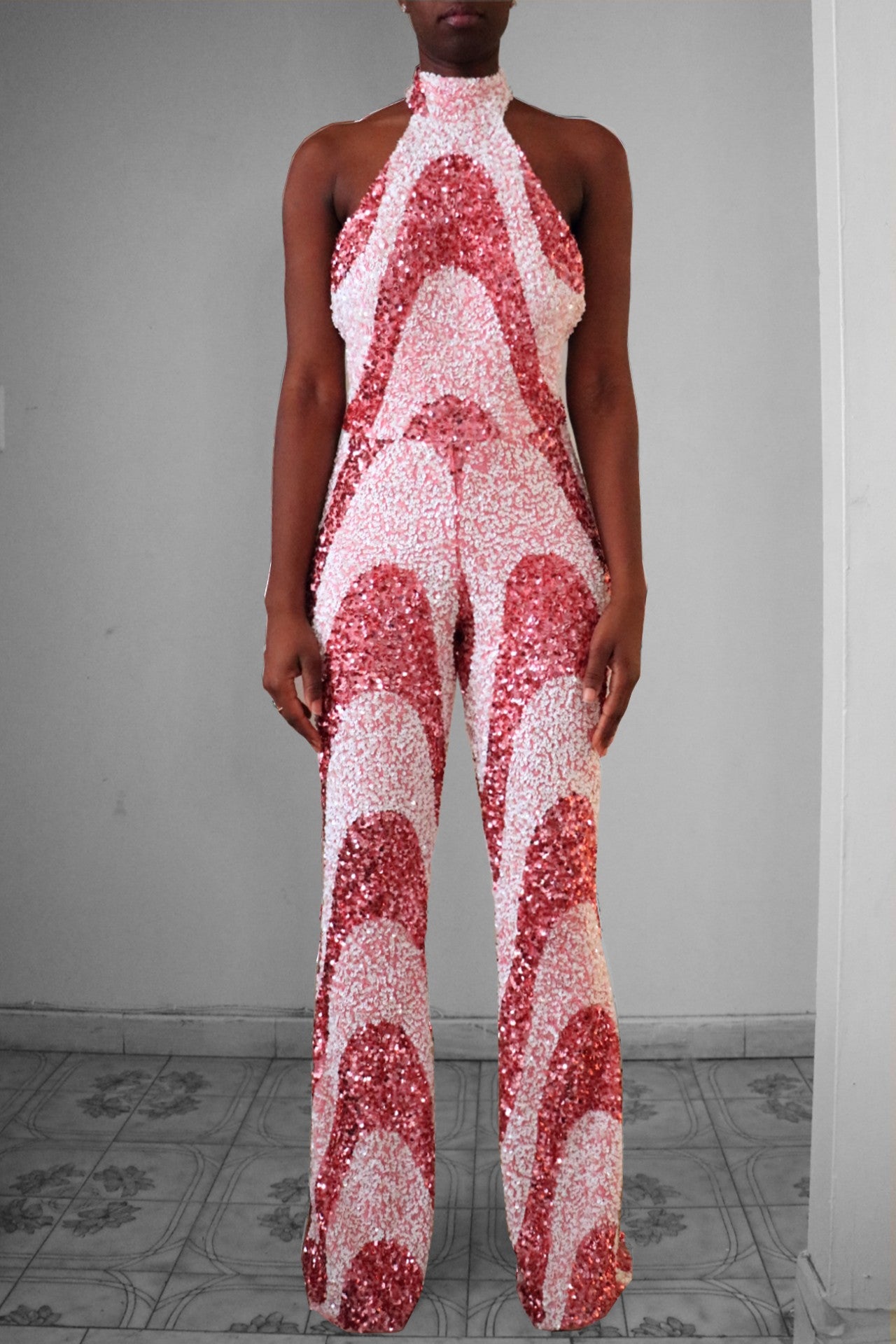 Pink And White Sequin Swirl Jumpsuit Halter Full Frontal