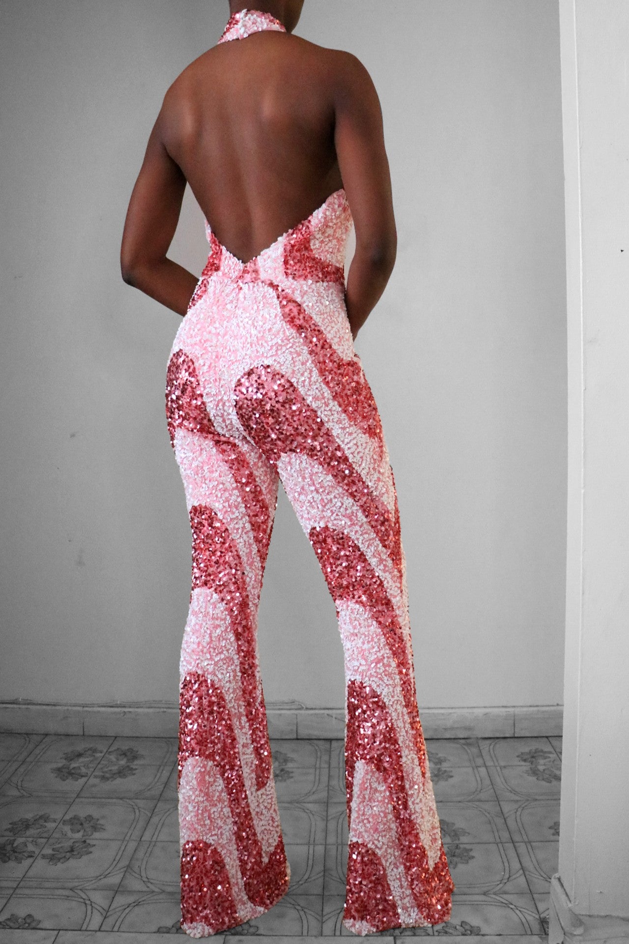 Pink And White Sequin Swirl Jumpsuit Halter Low Back Full Look