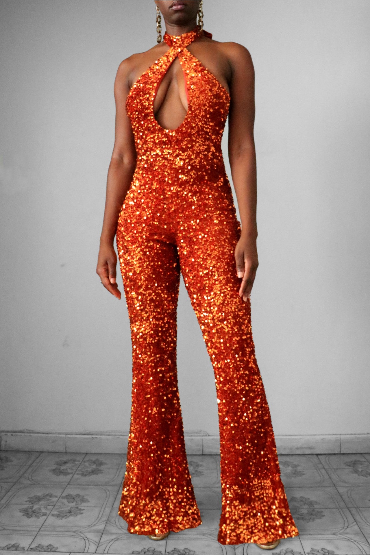 Pumpkin Spice Sequin Halter Backless Flare Jumpsuit – Daniela Tabois