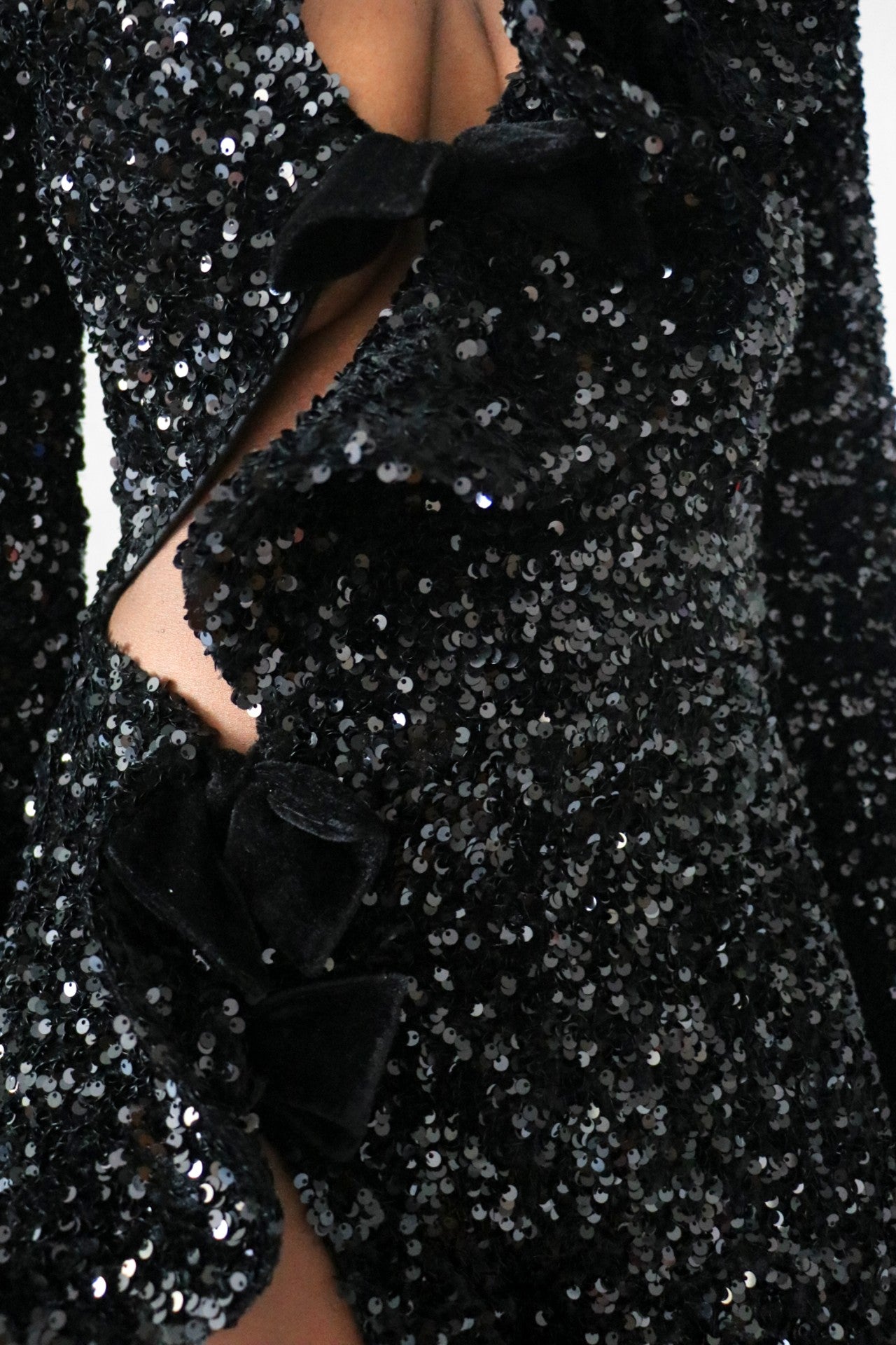 Black Sequin Ruffle Long Sleeve Jumpsuit Ruffle Front Detail