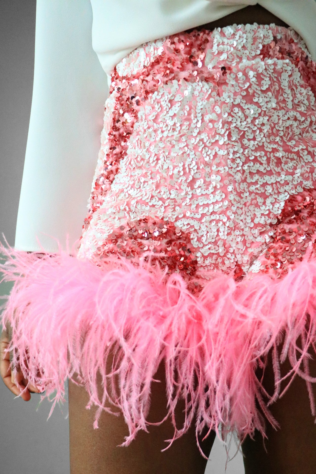 Pink And White Sequin Swirl Feather Shorts Front Side Detail