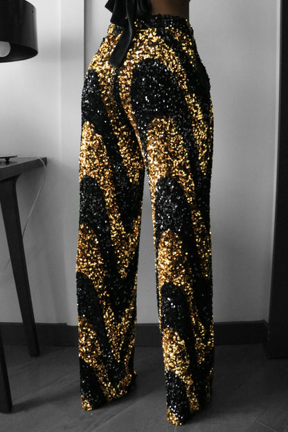 Licorice Swirl Black & Gold Sequin Wide Leg Pants