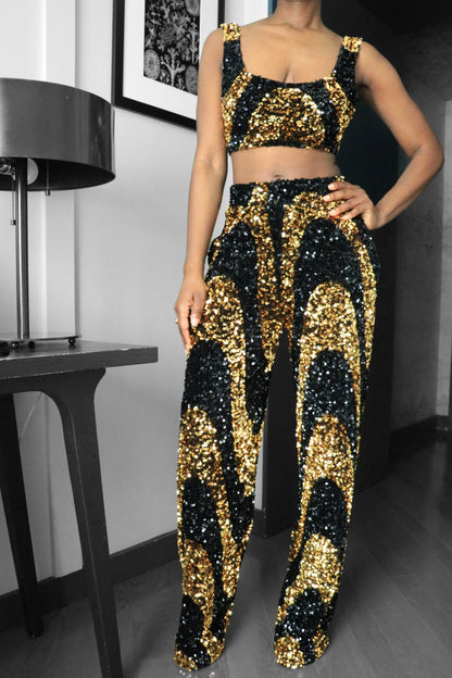 Licorice Swirl Black & Gold Sequin Wide Leg Pants