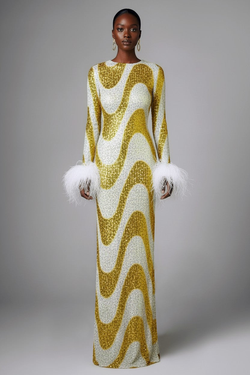 Yellow swirl sequin feather maxi dress, luxury eveningwear front view, handcrafted