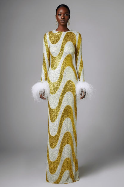 Yellow swirl sequin feather maxi dress, luxury eveningwear front view, handcrafted