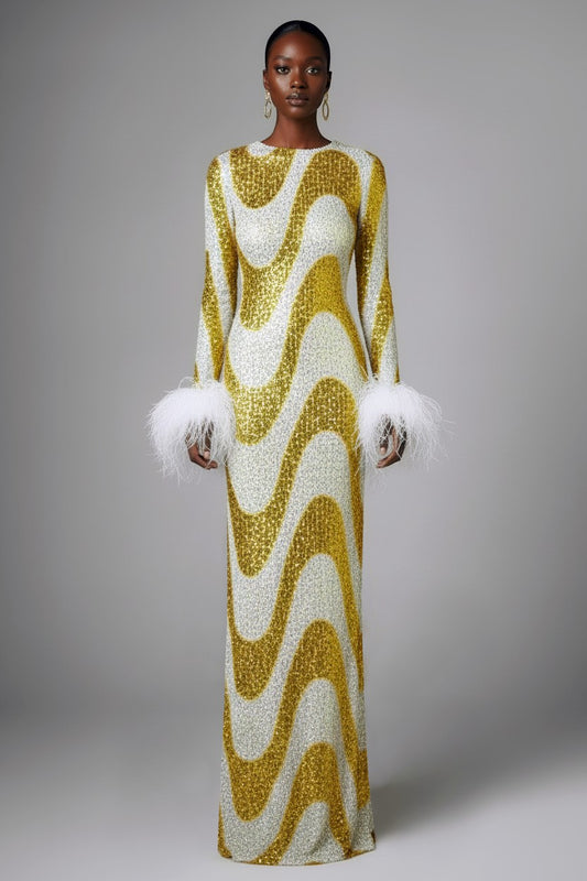 Yellow Swirl Sequin Feather Maxi Dress