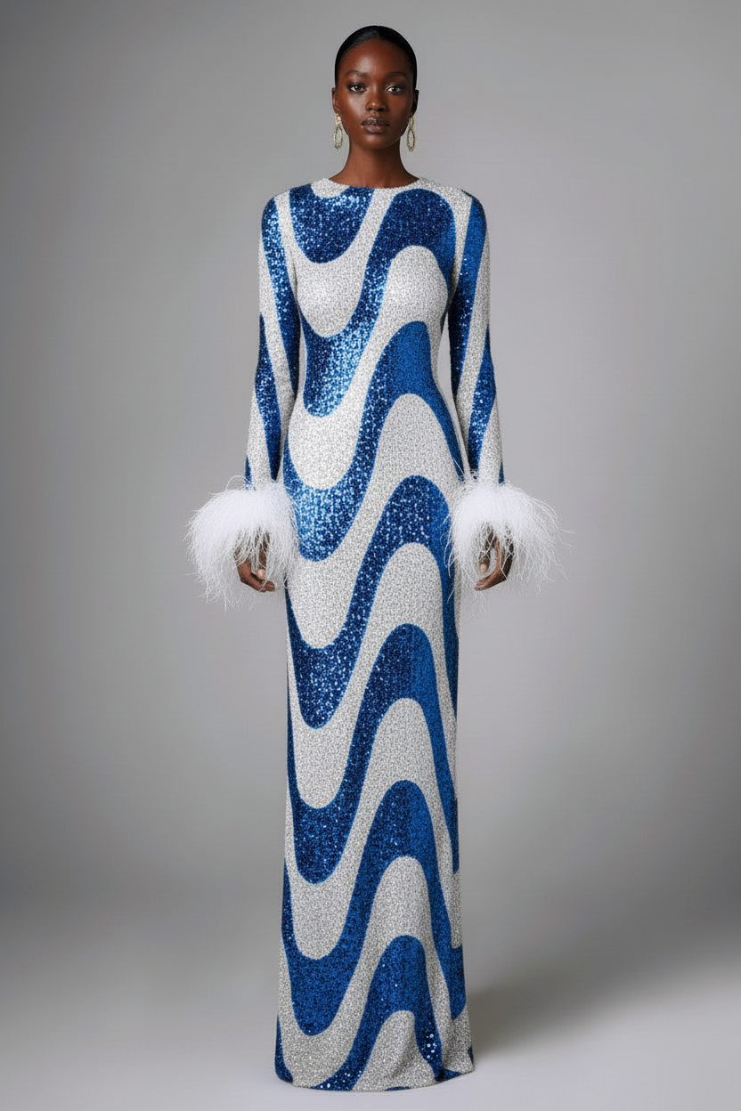 Blue Swirl Sequin Feather Maxi Dress