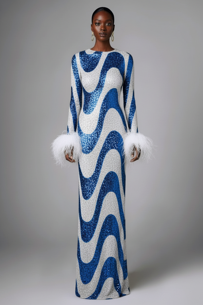 Blue Swirl Sequin Feather Maxi Dress