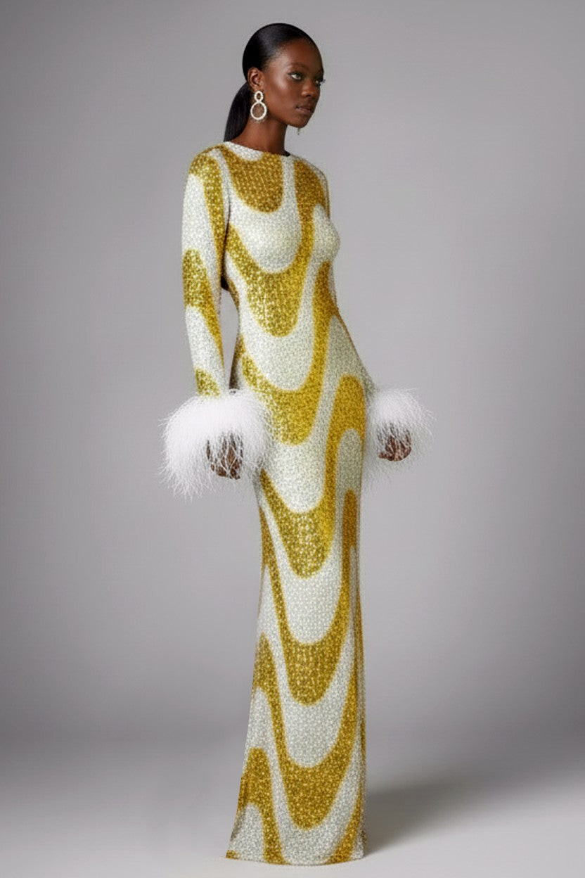 Yellow swirl sequin feather maxi dress luxury eveningwear side view handcrafted