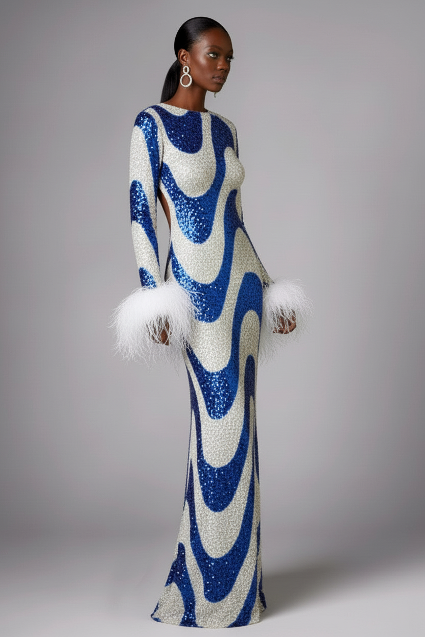 Blue Swirl Sequin Feather Maxi Dress