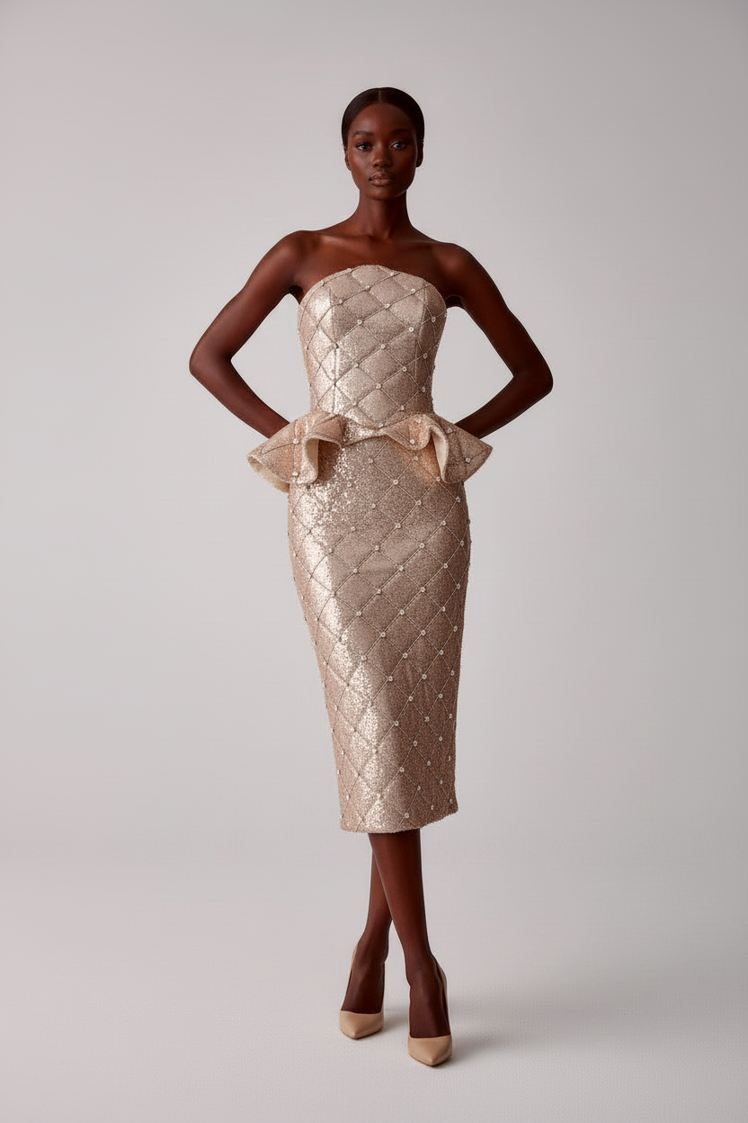 Model wear luxury quilted sequin rhinestone midi pencil skirt handcrafted NYC