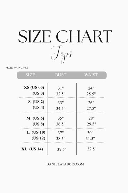 Size chart for tops with measurements in inches 