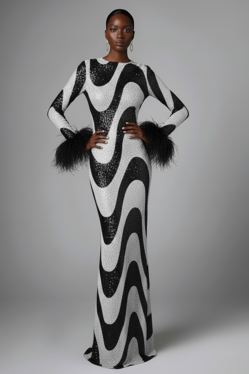 Black Swirl Sequin Feather Maxi Dress