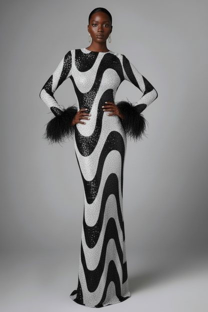 Black Swirl Sequin Feather Maxi Dress