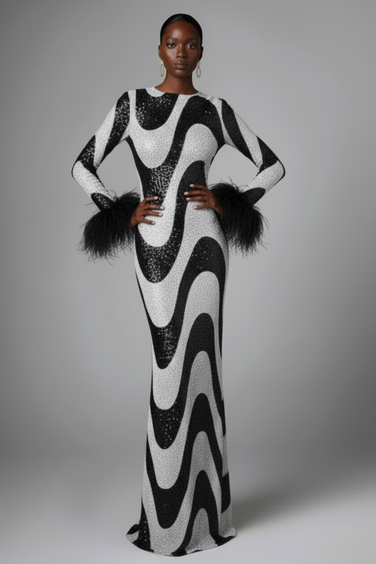Black Swirl Sequin Feather Maxi Dress
