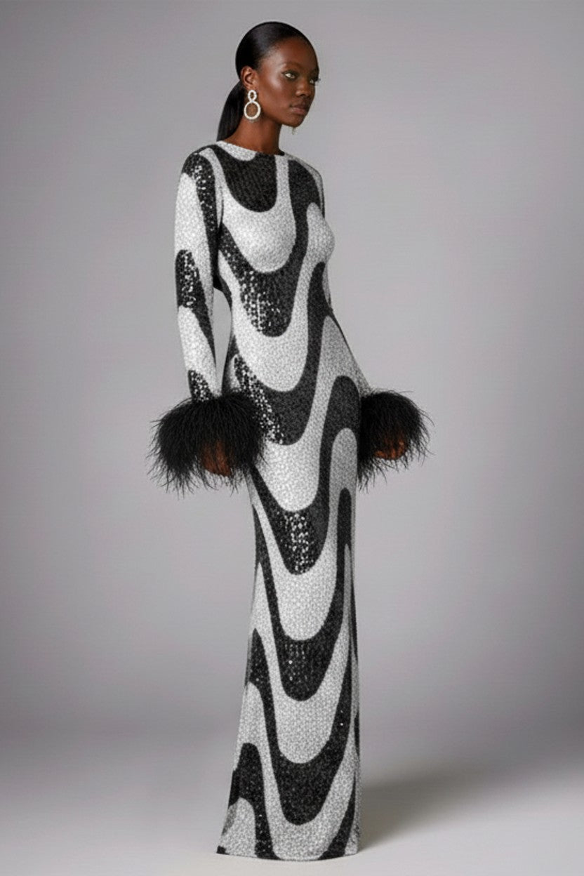 Black Swirl Sequin Feather Maxi Dress