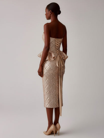 Back view of model wearing sequin midi pencil skirt luxury eveningwear NYC handmade