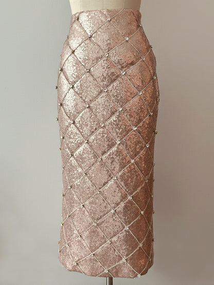Luxury quilted sequin rhinestone midi pencil skirt handcrafted NYC