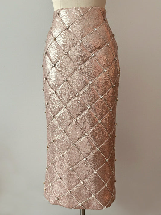 Luxury quilted sequin rhinestone midi pencil skirt handcrafted NYC