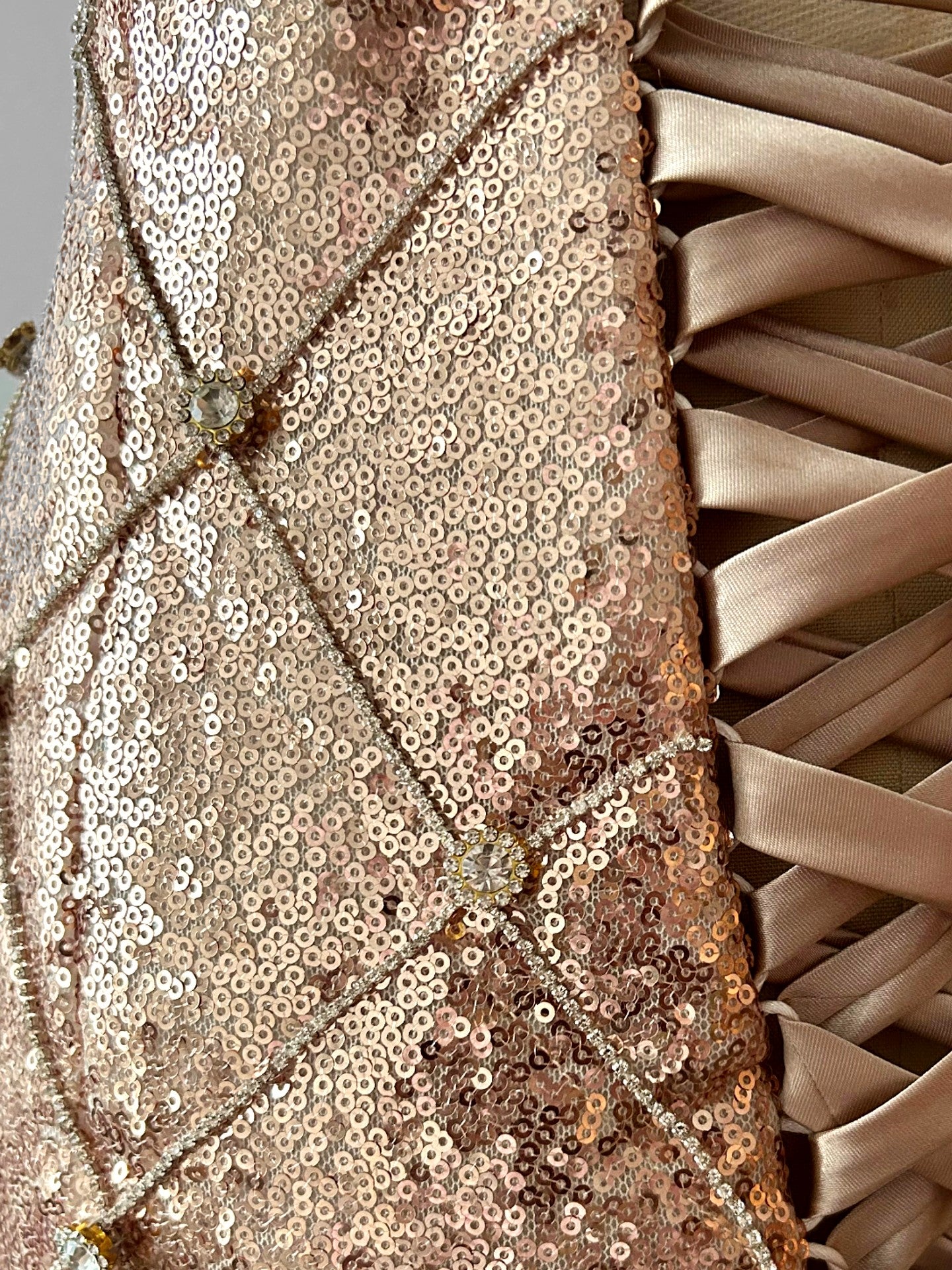 Quilted sequin midi skirt rhinestone close -up detail handcrafted