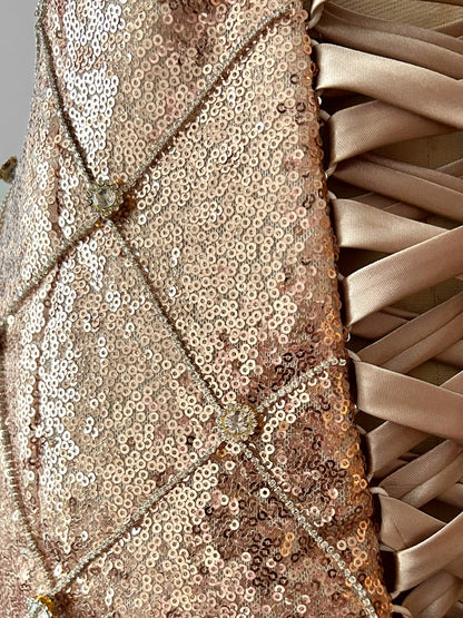 Quilted sequin midi skirt rhinestone close -up detail handcrafted