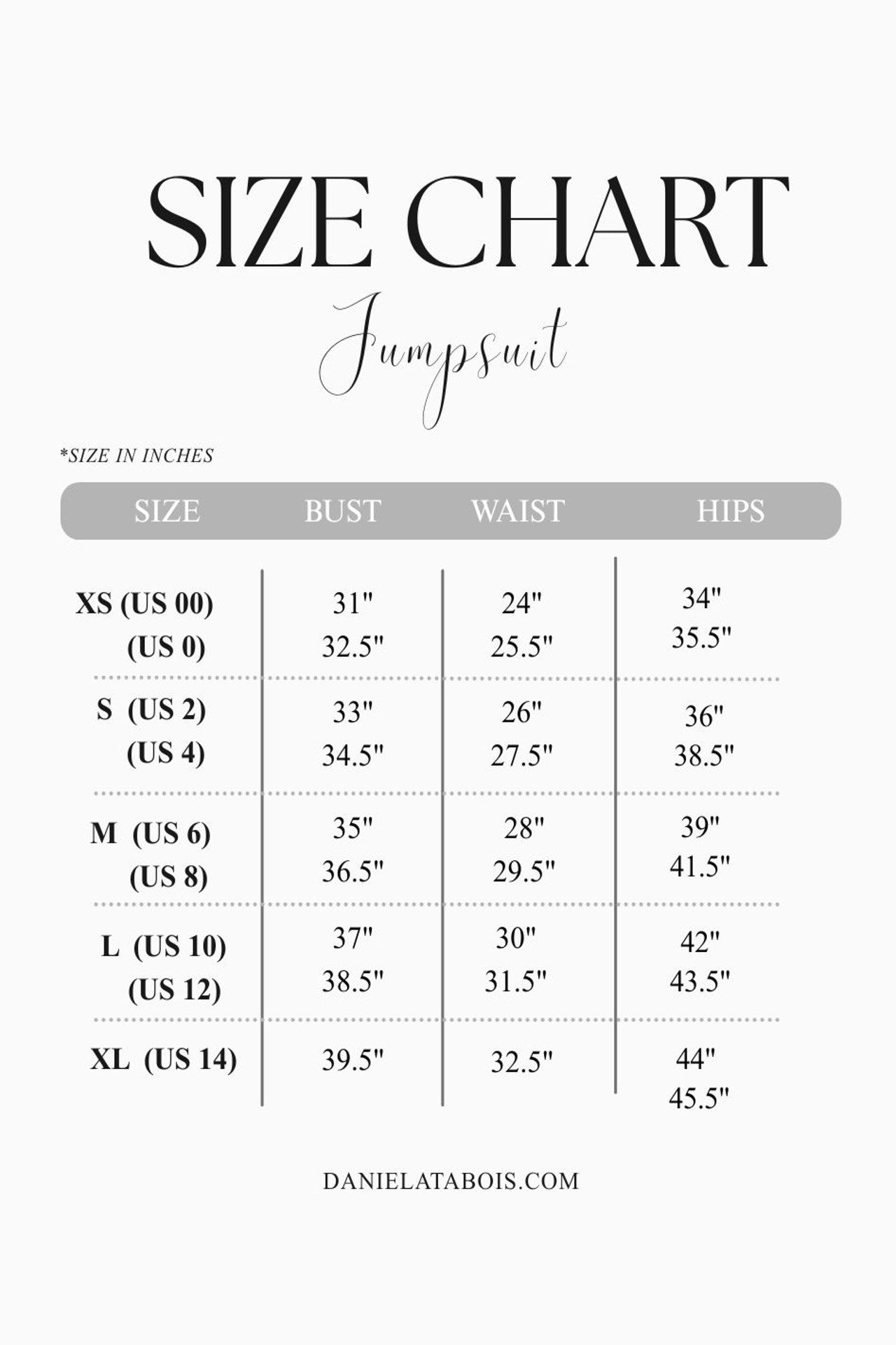 A size chart graphic for a jumpsuit, showing measurements in inches by size from XS to XL, with columns for bust, waist, and hips. The text reads 'SIZE CHART' and 'Jumpsuit' on a light gray background.