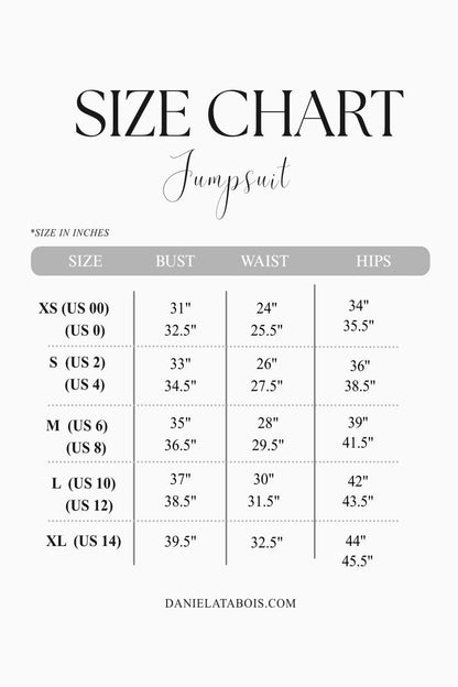A size chart graphic for a jumpsuit, showing measurements in inches by size from XS to XL, with columns for bust, waist, and hips. The text reads 'SIZE CHART' and 'Jumpsuit' on a light gray background.