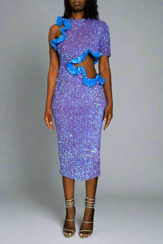 Front view of model wearing lavender purple cutout waist with blue ruffle detail midi dress.