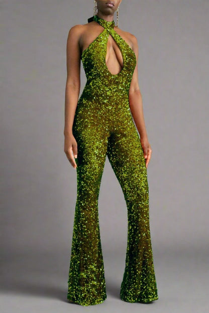 The model is wearing the front view of an olive green sequin halter backless flare leg jumpsuit