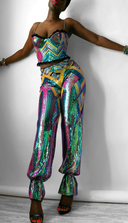 Multi Colored Geometric Sequin Harem Pants