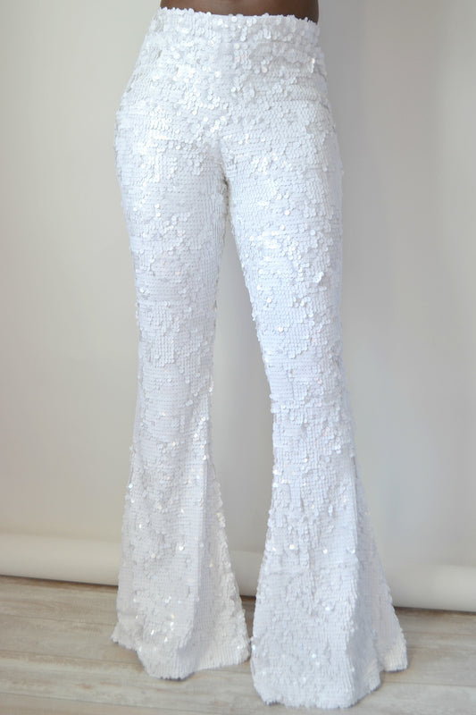 White Sequin Flare Pants