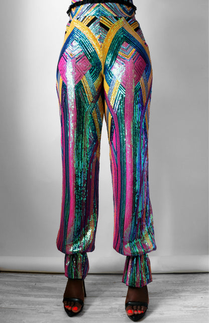 Multi Colored Geometric Sequin Harem Pants