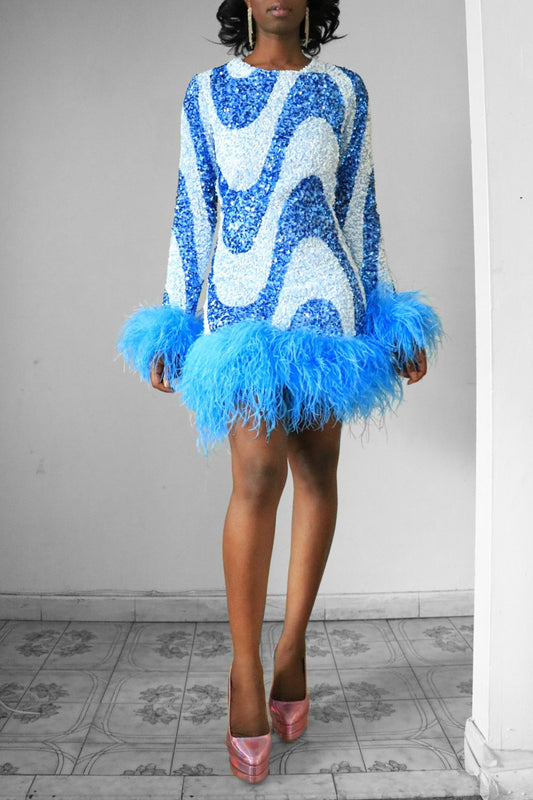 Berry Blue Swirl Sequin Feather Dress