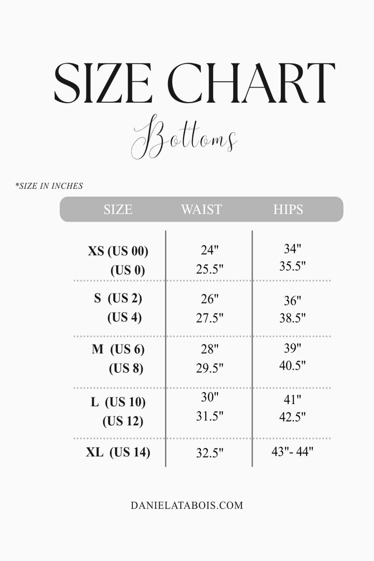 Size chart for bottoms with measurements in inches
