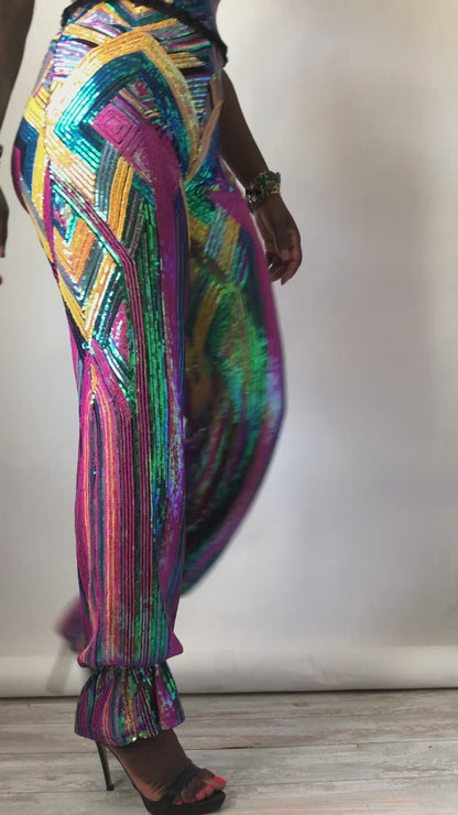 Multi Colored Geometric Sequin Harem Pants