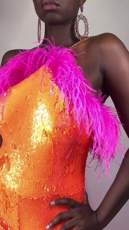 Neon Orange Sequin Halter Jumpsuit