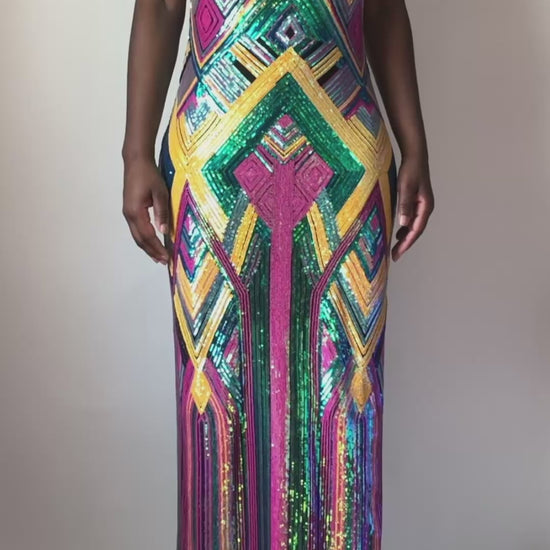 video of sequin geometric maxi dress