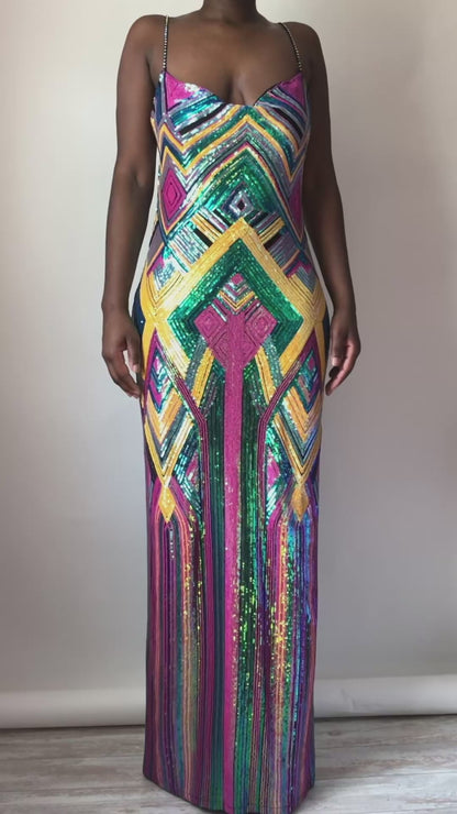 video of sequin geometric maxi dress