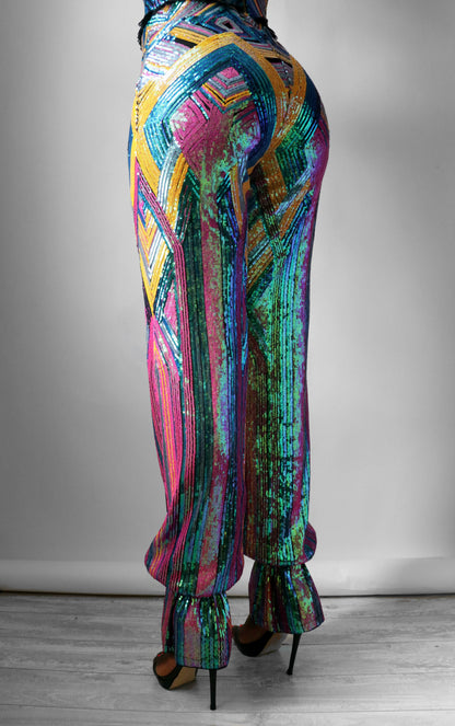 Multi Colored Geometric Sequin Harem Pants